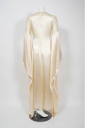 1970 Biba Creme Satin Medieval Wizard Sleeve Button Down Full-Length Jacket Gown