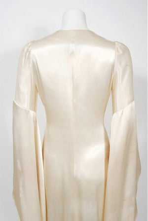 1970 Biba Creme Satin Medieval Wizard Sleeve Button Down Full-Length Jacket Gown