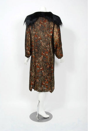 1920's Trevl Haute-Couture Metallic Feather Print Lamé & Monkey Fur Flapper Coat