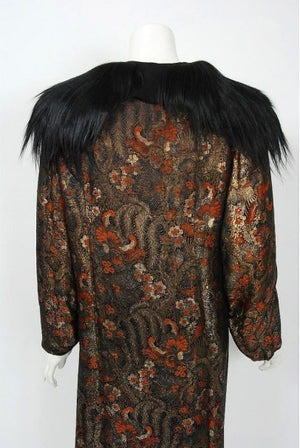 1920's Trevl Haute-Couture Metallic Feather Print Lamé & Monkey Fur Flapper Coat