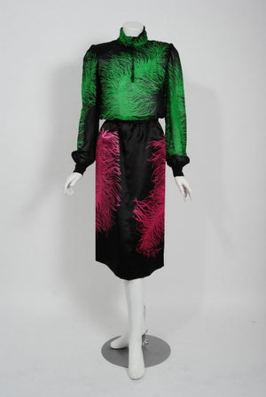 1979 Givenchy Haute Couture Novelty Feather Print Silk Jacket Blouse & Skirt Set