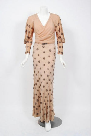 1932 Tallulah Bankhead Movie-Worn Beaded Blush Silk Bias Cut Deco Gown & Jacket