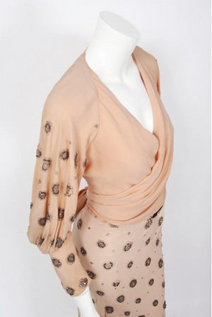 1932 Tallulah Bankhead Movie-Worn Beaded Blush Silk Bias Cut Deco Gown & Jacket