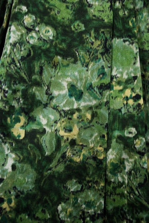 1950's Peggy Hunt Green Watercolor Floral Silk Portrait-Collar Pleated Dress