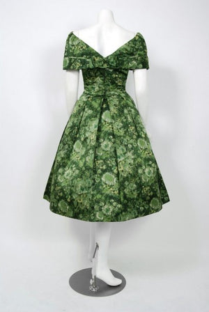 1950's Peggy Hunt Green Watercolor Floral Silk Portrait-Collar Pleated Dress