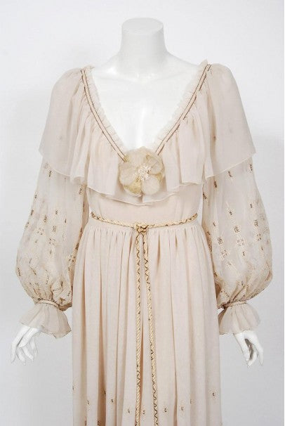 1970 Guy Laroche Haute-Couture Embroidered Beige Silk Billow Sleeve Plunge Gown