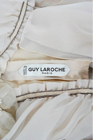 1971 Guy Laroche Haute Couture Embroidered Ivory Silk Billow Sleeve Plunge Gown
