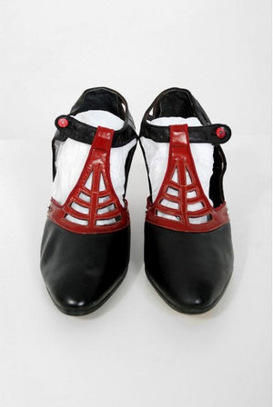 1920's Spiderweb Cut-Out Novelty Red & Black Leather Deco Flapper Shoes w/ Box