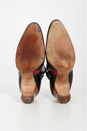 1920's Spiderweb Cut-Out Novelty Red & Black Leather Deco Flapper Shoes w/ Box