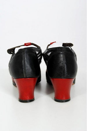 1920's Spiderweb Cut-Out Novelty Red & Black Leather Deco Flapper Shoes w/ Box