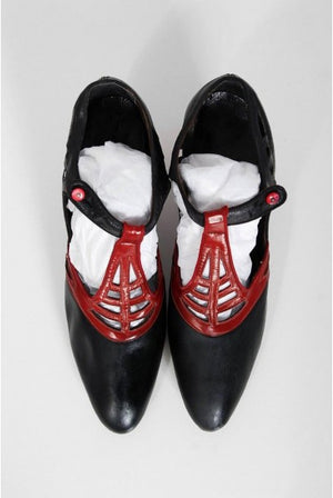 1920's Spiderweb Cut-Out Novelty Red & Black Leather Deco Flapper Shoes w/ Box