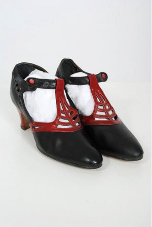 1920's Spiderweb Cut-Out Novelty Red & Black Leather Deco Flapper Shoes w/ Box