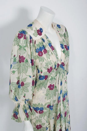 1973 Ossie Clark Couture Celia Birtwell Floral Print Tiered Silk Chiffon Dress