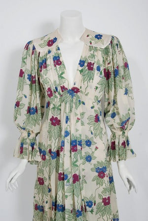 1973 Ossie Clark Couture Celia Birtwell Floral Print Tiered Silk Chiffon Dress