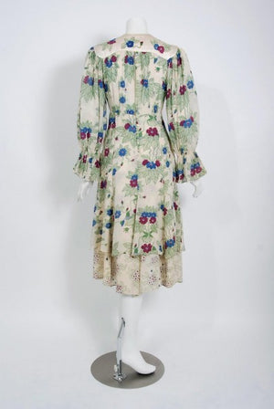 1973 Ossie Clark Couture Celia Birtwell Floral Print Tiered Silk Chiffon Dress