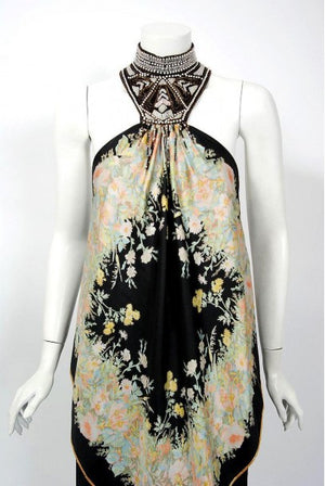 1976 Bill Gibb Documented Floral Silk Beaded Halter Pleated Backless Dress