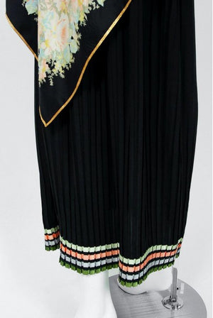 1976 Bill Gibb Documented Floral Silk Beaded Halter Pleated Backless Dress
