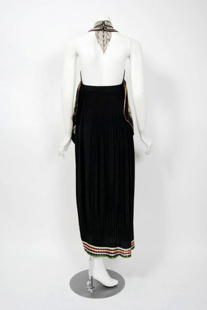 1976 Bill Gibb Documented Floral Silk Beaded Halter Pleated Backless Dress