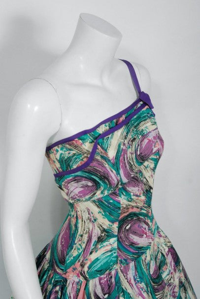 1950's Perullo Abstract Atomic Purple Blue Cotton Pique One-Shoulder Full Dress