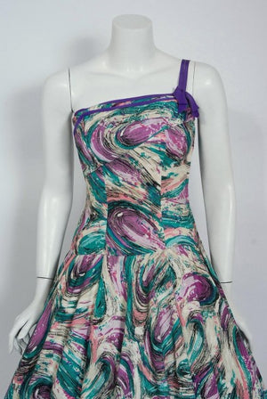 1950's Perullo Abstract Atomic Purple Blue Cotton Pique One-Shoulder Full Dress