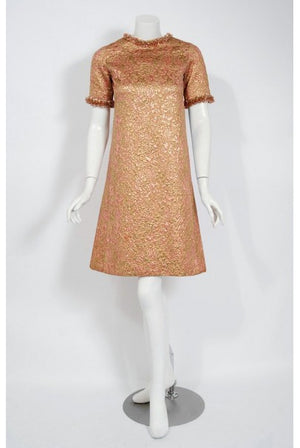 1966 Yves Saint Laurent Paris Beaded Metallic Pink Gold Brocade Cocktail Dress