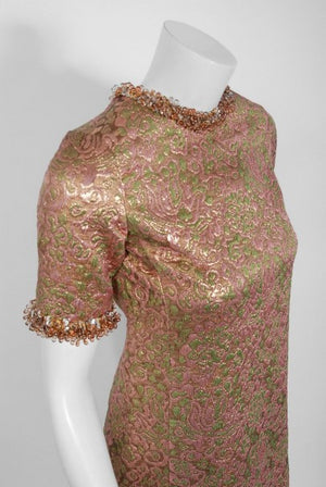 1966 Yves Saint Laurent Paris Beaded Metallic Pink Gold Brocade Cocktail Dress