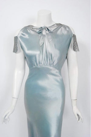 1930's Ice Blue Rhinestone Silk Cut-Out Shoulder Backless Bias-Cut Deco Gown