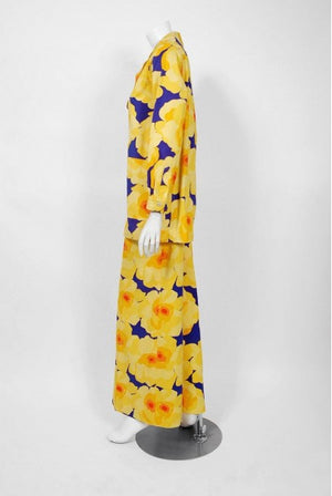 1972 Yves Saint Laurent Haute Couture Large-Scale Floral Print Pantsuit Ensemble