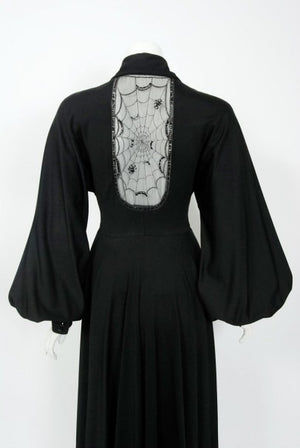 1973 Jean Varon Documented 'Cobweb' Spider Novelty Jersey Billow-Sleeve Dress