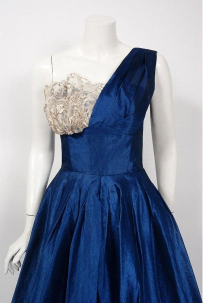 1950's Beaumelle Sapphire Blue Organza & Metallic Lace One-Shoulder Party Dress