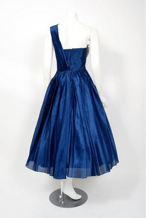 1950's Beaumelle Sapphire Blue Organza & Metallic Lace One-Shoulder Party Dress