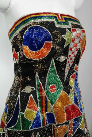1989 Gianni Versace Haute Couture Runway Beaded Circus Art Bustier Strapless Gown and Shawl