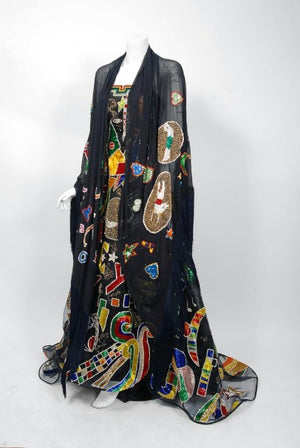 1989 Gianni Versace Haute Couture Beaded Circus Novelty Strapless Gown and Shawl