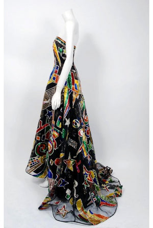 1989 Gianni Versace Haute Couture Beaded Circus Novelty Strapless Gown and Shawl