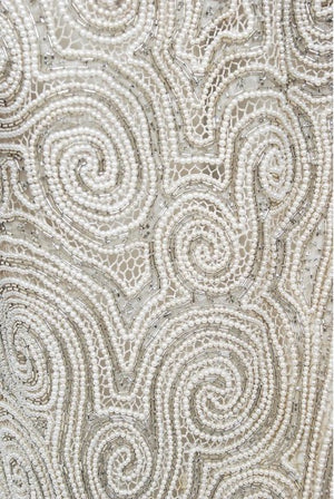1975 Halston Couture Ivory Pearl Beaded Swirl Silk Halter Backless Wrap Gown