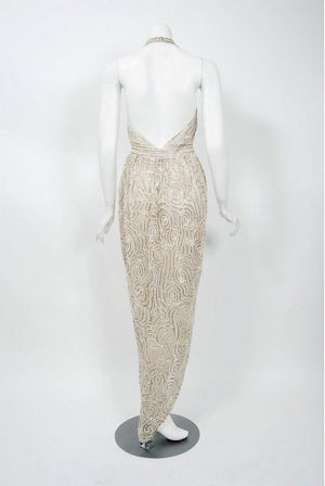 1975 Halston Couture Ivory Pearl Beaded Swirl Silk Halter Backless Wrap Gown