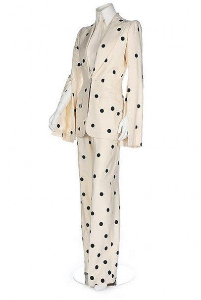 2004 Jean-Louis Scherrer Couture Ivory Polka Dot Silk Split-Sleeve Jacket Suit
