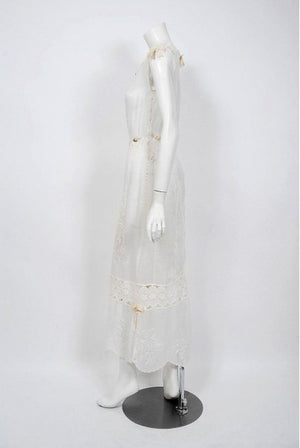 1910's Edwardian Couture White Embroidered Cotton & Lace Cut-Out Boudior Dress