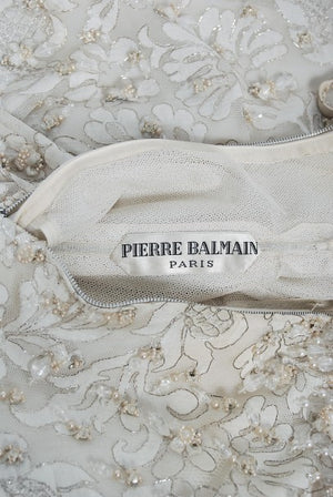 1965 Pierre Balmain Haute-Couture Ivory Beaded Metallic Lace Strapless Gown
