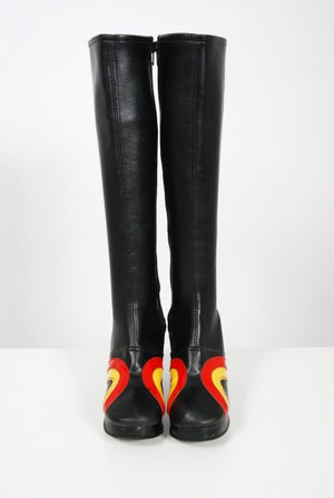 1970's Red & Yellow Stripe Black Vinyl Glam Rock Platform Knee-High Boots