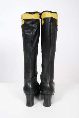 1970's Karina of Spain Colorful Floral Applique Black Leather Knee-High Boots