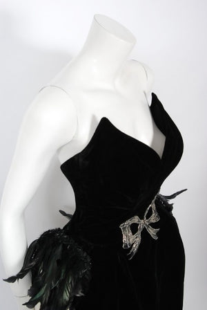 1940's Brooks Costume Couture Beaded Black Velvet Strapless Corset Bustle Gown