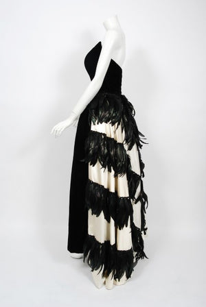 1940's Brooks Costume Couture Beaded Black Velvet Strapless Corset Bustle Gown