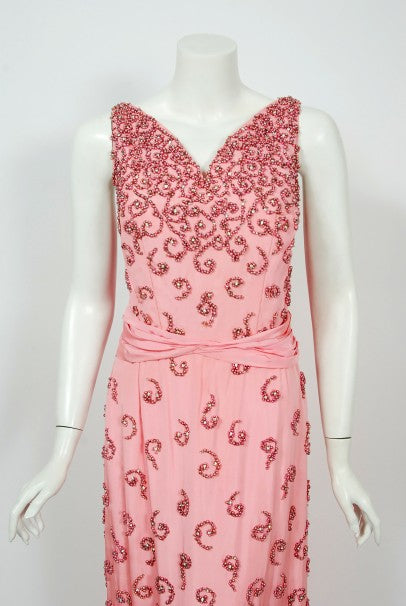 1955 Pedro Rodriguez Couture Pink Beaded Rhinestone Silk Hourglass Trained Gown