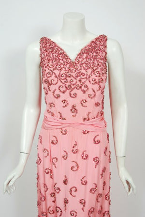 1955 Pedro Rodriguez Couture Pink Beaded Rhinestone Silk Hourglass Trained Gown