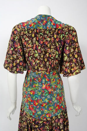1970 Alice Pollock for Quorum Floral Print Rayon Flutter Sleeve Bias-Cut Dress