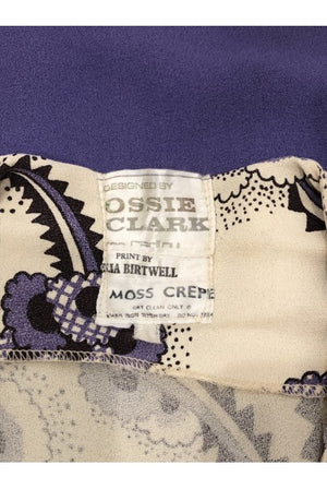 1970 Ossie Clark Purple Crepe Celia Birtwell Floral Print Key-Hole Plunge Dress