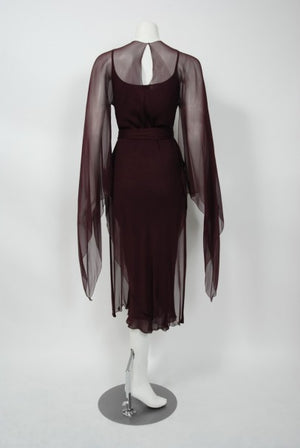 1970's Halston Couture Dark Purple Chiffon Wing Sleeve Bias-Cut Belted Dress