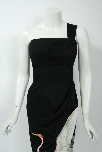 1950's Alix of Miami Crane Bird Novelty Applique Black Cotton One-Shoulder Dress