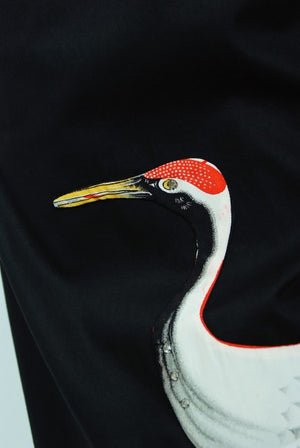 1950's Alix of Miami Crane Bird Novelty Applique Black Cotton One-Shoulder Dress